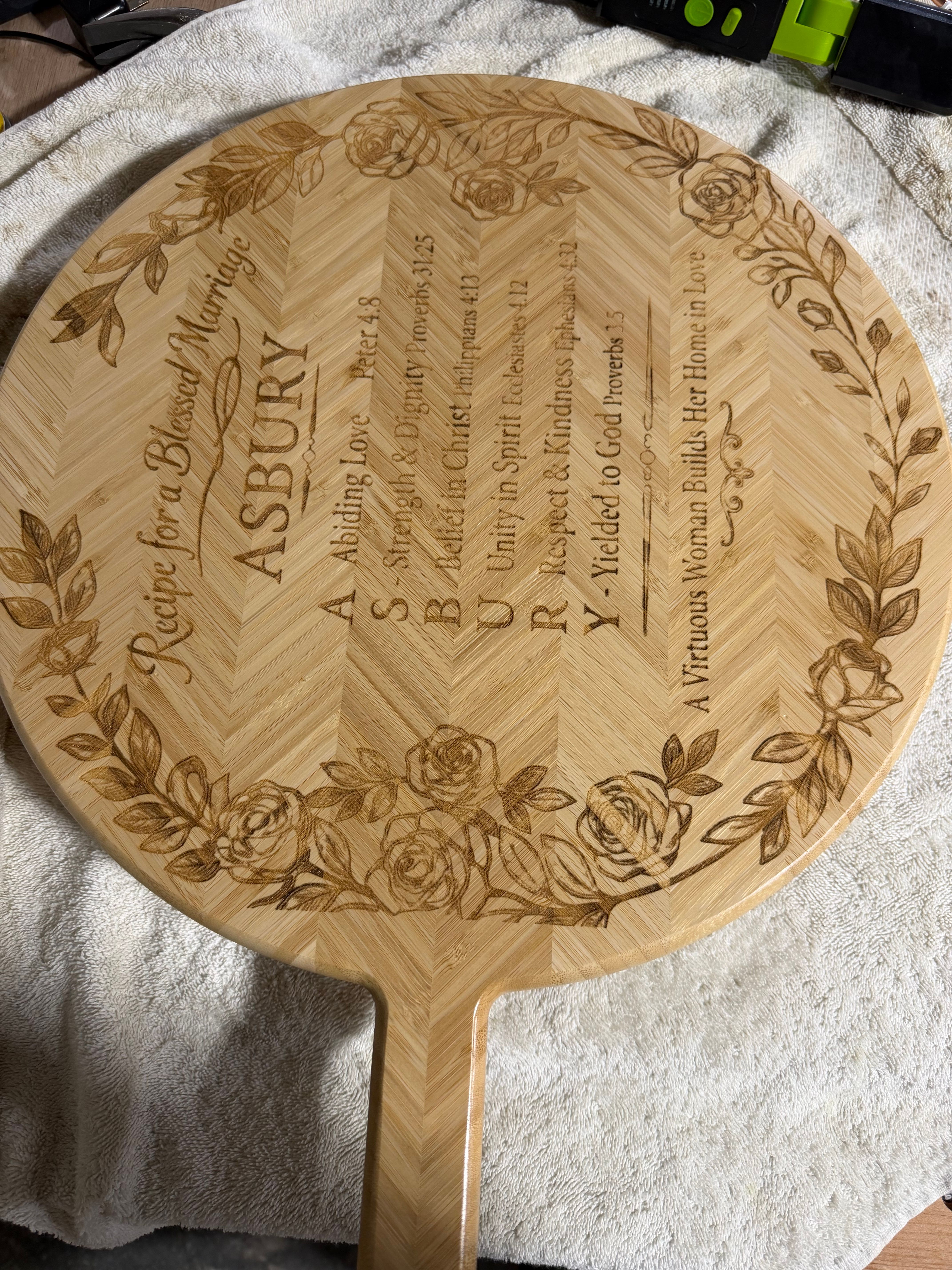 Round engraved cutting board with Recipe for a Blessed Marriage design