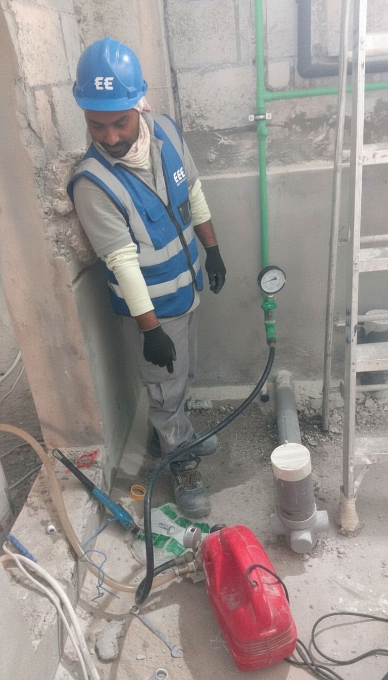 ELCO worker in EEE vest performing pressure testing with gauge equipment