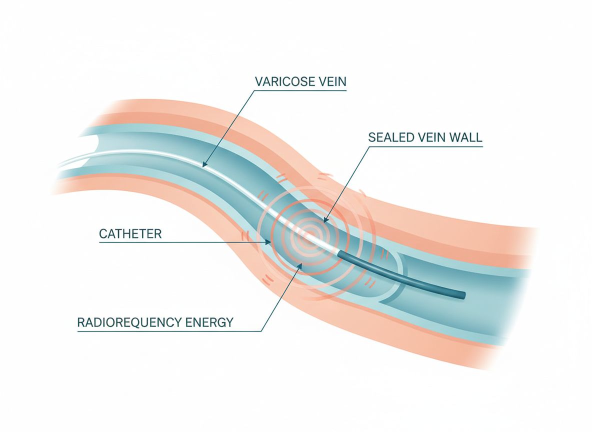Cross-section diagram showing a catheter delivering radiofrequency energy inside a varicose vein to seal the vein wall