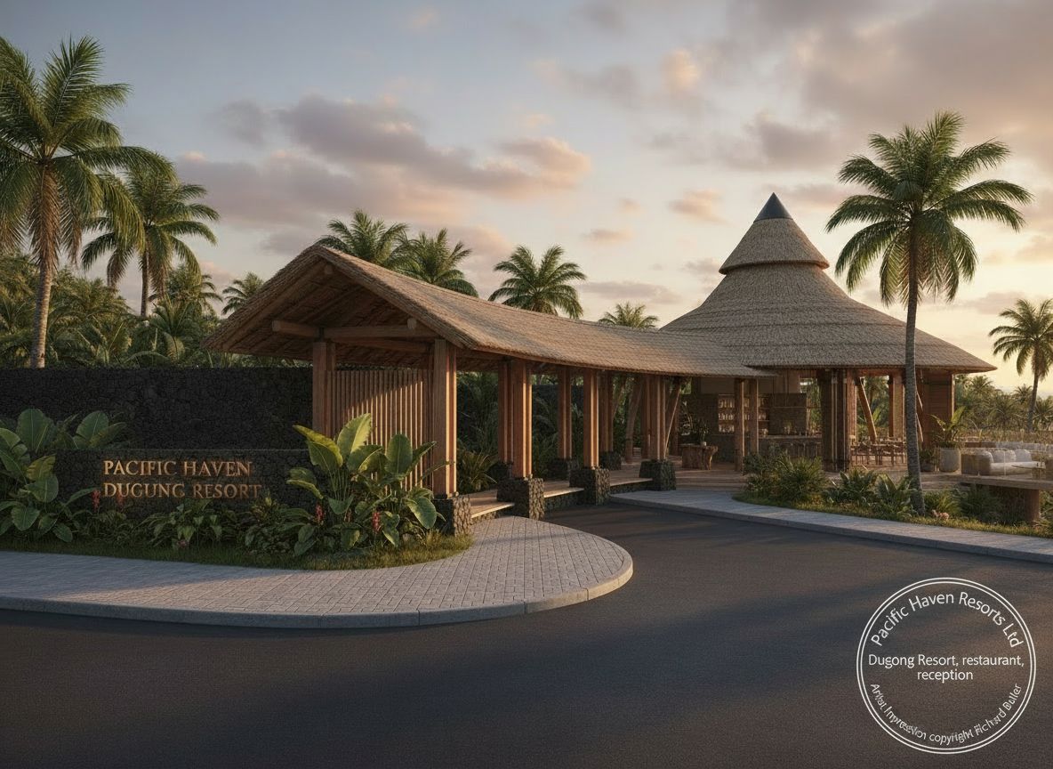 Dugong Resort grand tropical entrance with drop-off area — premium guest arrival experience