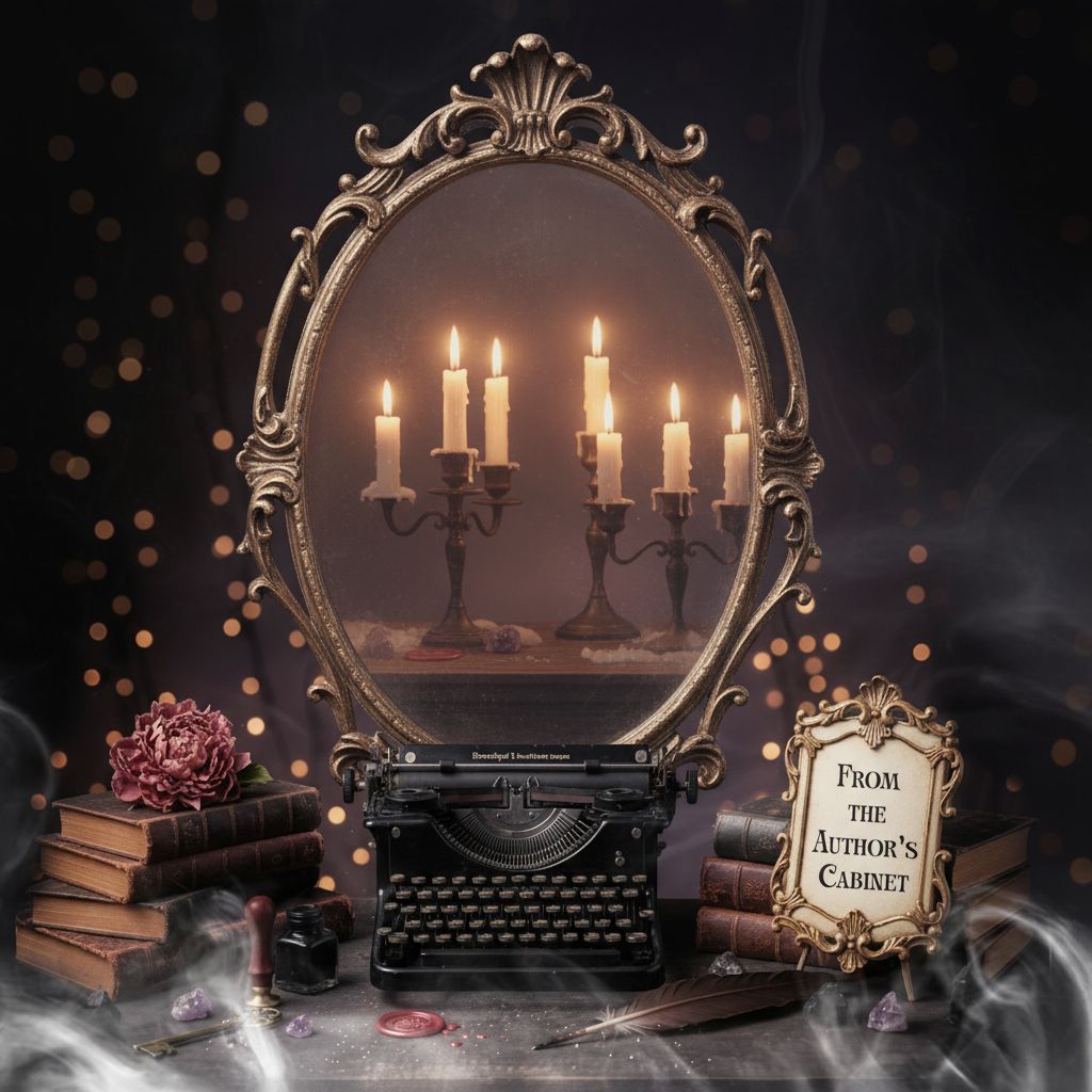 From the Author's Cabinet - vintage typewriter with candles and floating pages
