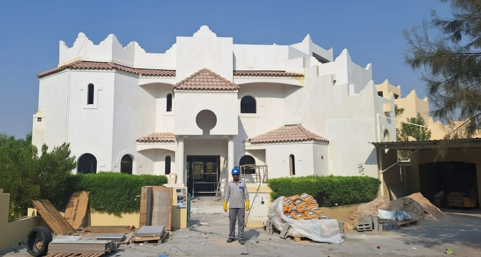 ELCO worker in branded uniform at full renovation project site with construction materials
