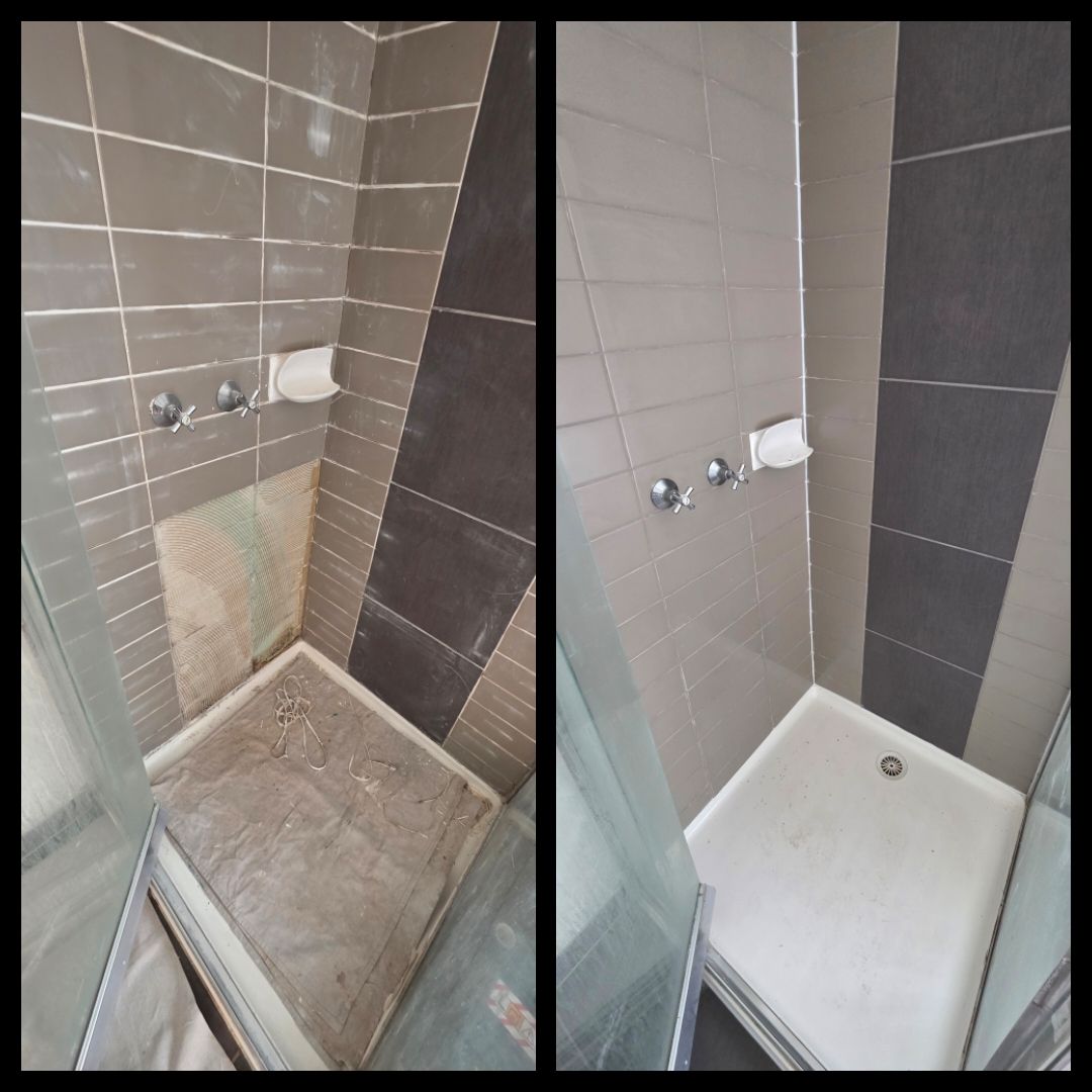 Shower pan re-grout and re-caulk before and after