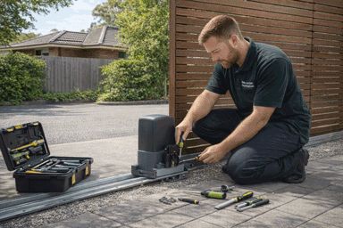 Into Action Automation technician repairing a gate or garage door motor onsite in South East Queensland