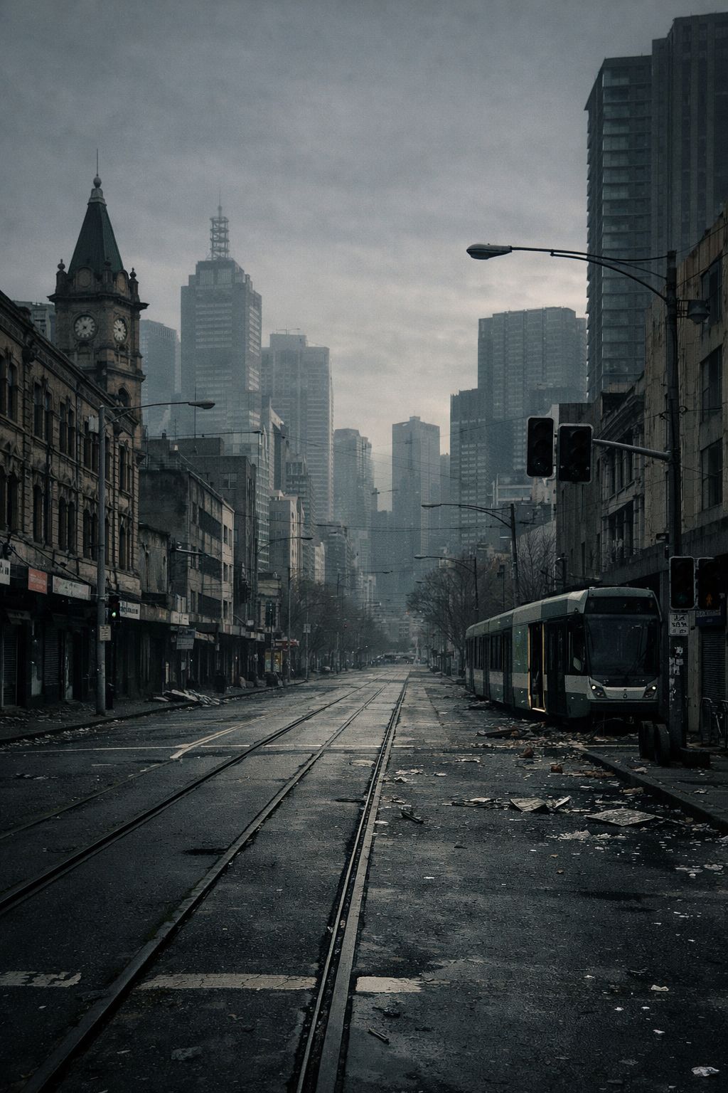 Deserted Melbourne street with abandoned cars and overgrown vegetation — post-apocalyptic atmosphere from This Is What We Are Now
