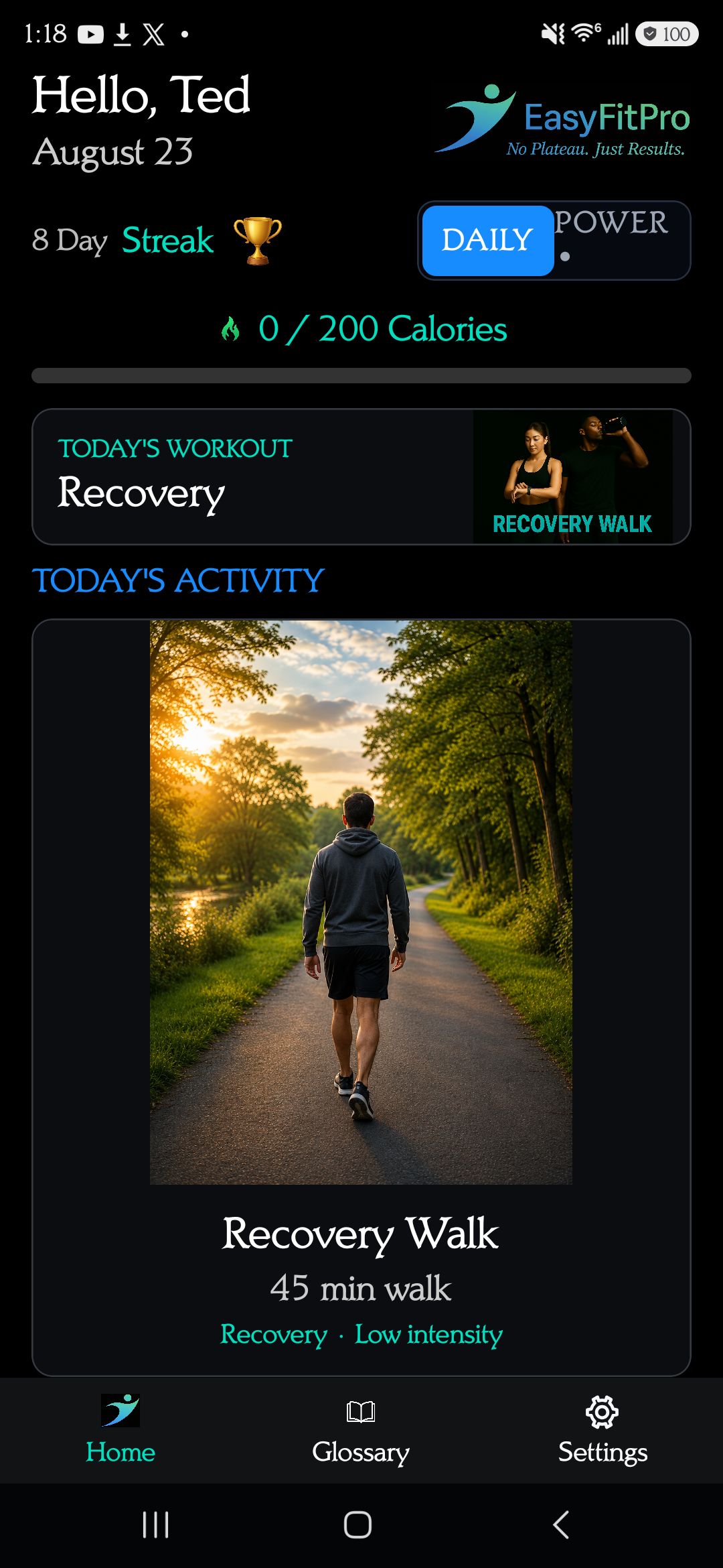 Recovery Day β guided recovery walk with calorie tracking and streak