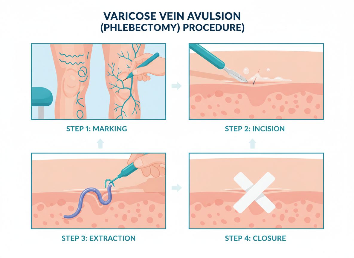 Four-step infographic showing avulsion (phlebectomy): marking veins, local anaesthetic, removing the vein through tiny incisions, and closure with adhesive strips