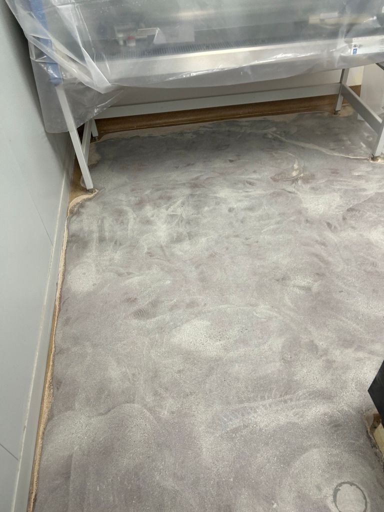 Pharmaceutical floor during surface preparation — grinding residue visible across the floor with lab bench covered in protective plastic