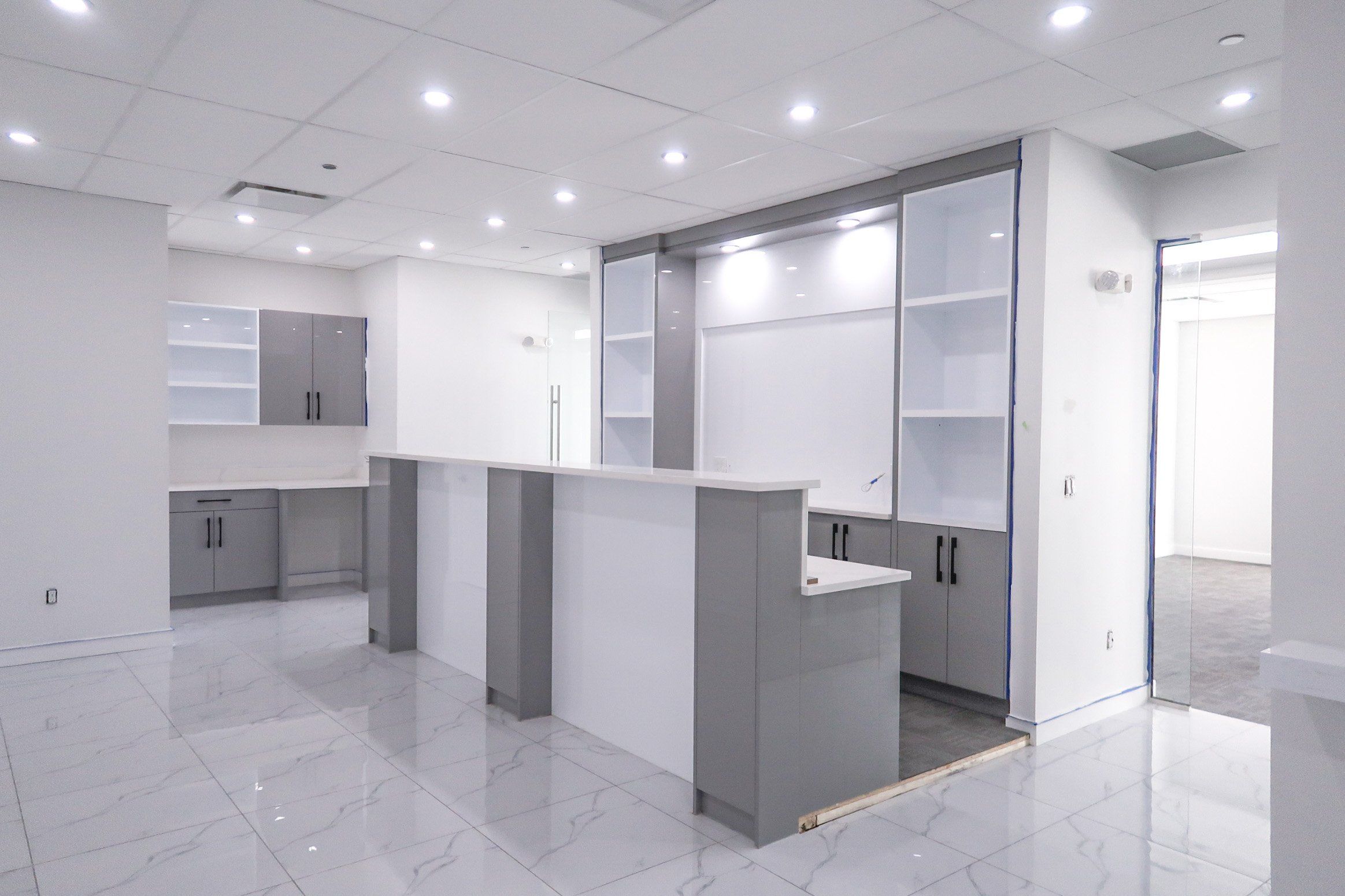 Modern office reception area built by APX Construction in Calgary