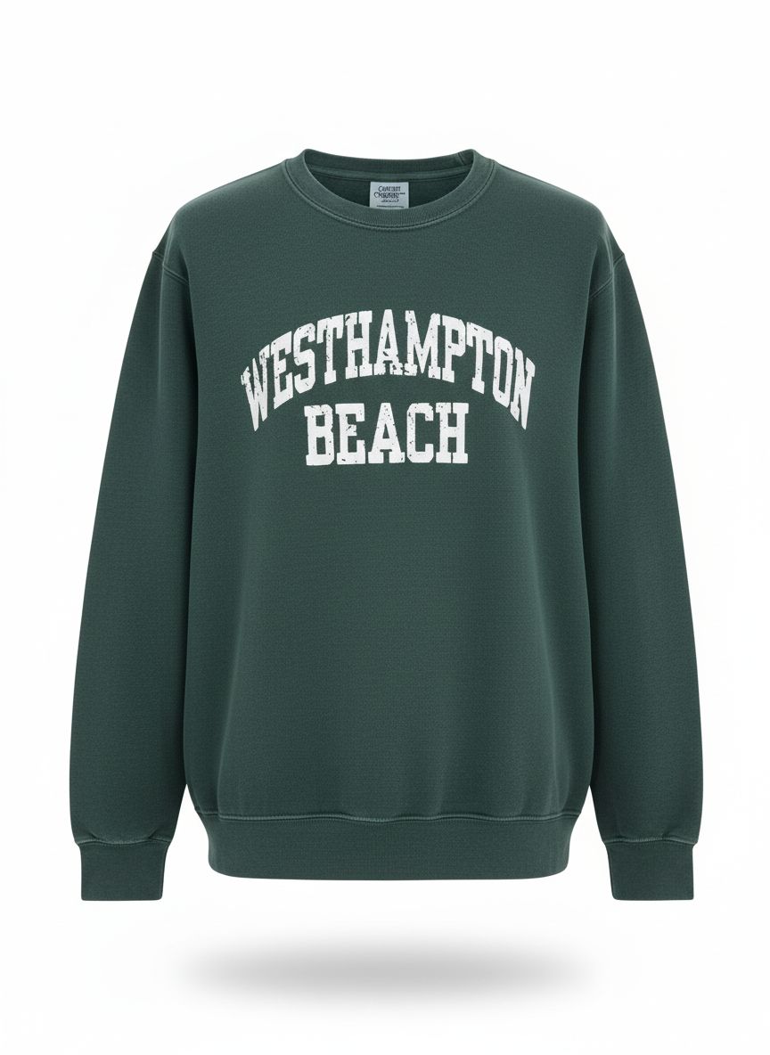 Westhampton Beach green crew neck sweatshirt with white lettering