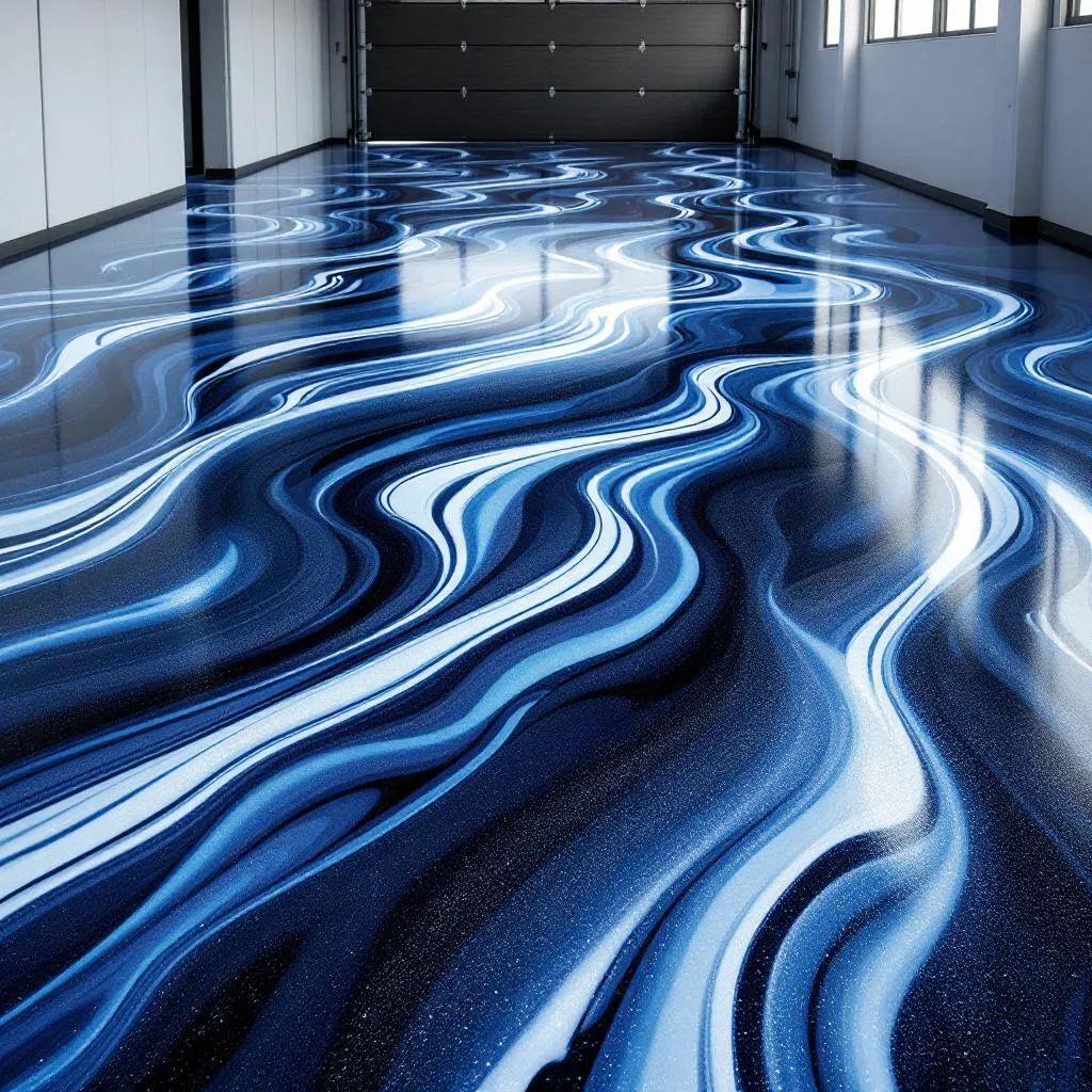 Blue and white wave-like custom epoxy floor design for commercial space