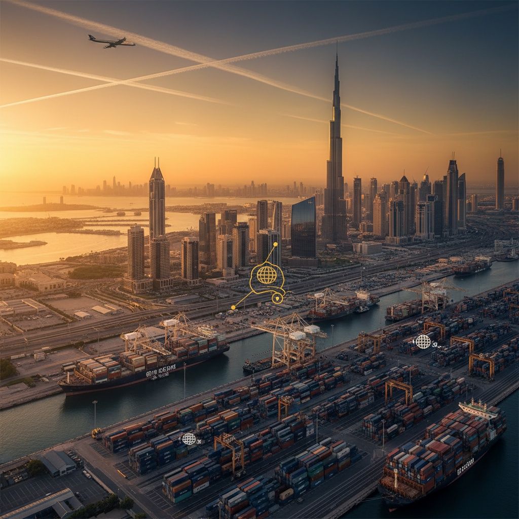 Global trade port at sunset