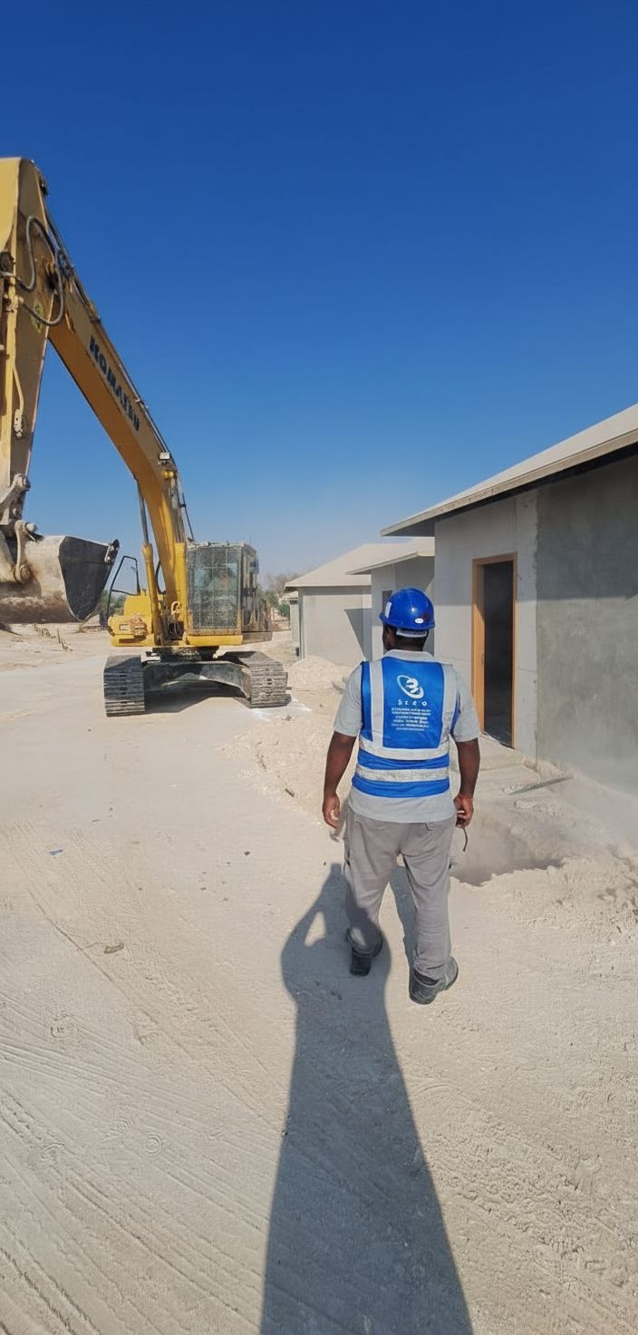 ELCO site supervisor in branded uniform at construction site with excavator