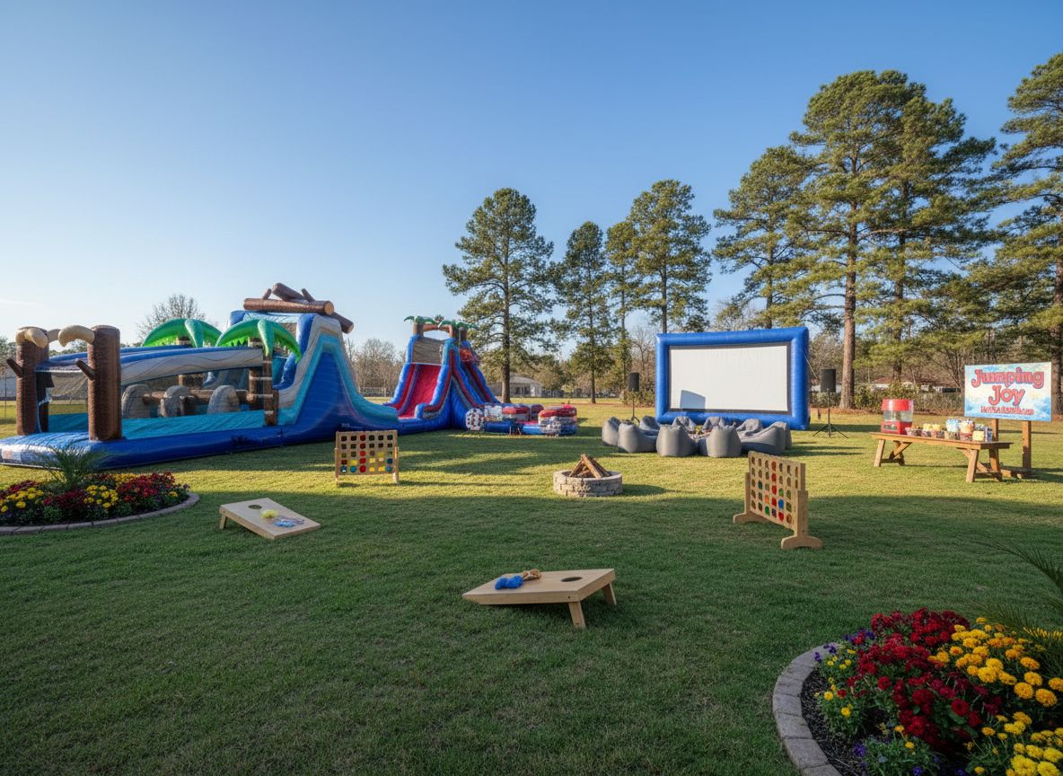 Premium party setup with obstacle course, movie night screen, yard games, and concessions in Texarkana