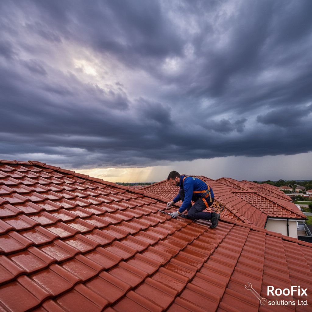Storm clouds over a UK roof