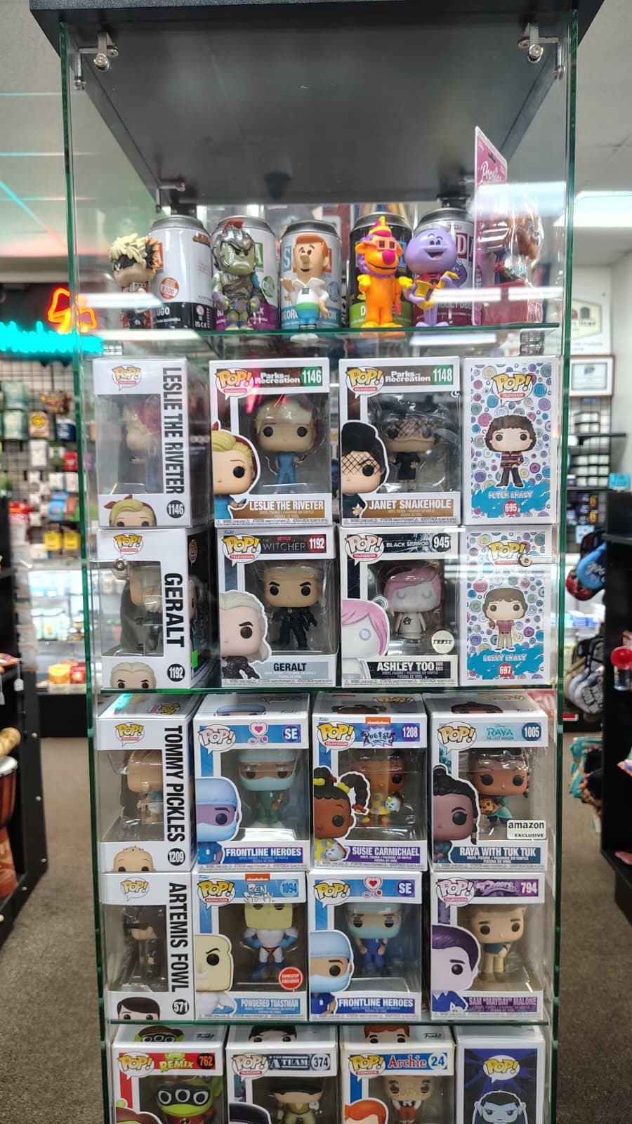 Funko Pop collectibles display case at Flowland Counter-Culture Outlet Aberdeen NC