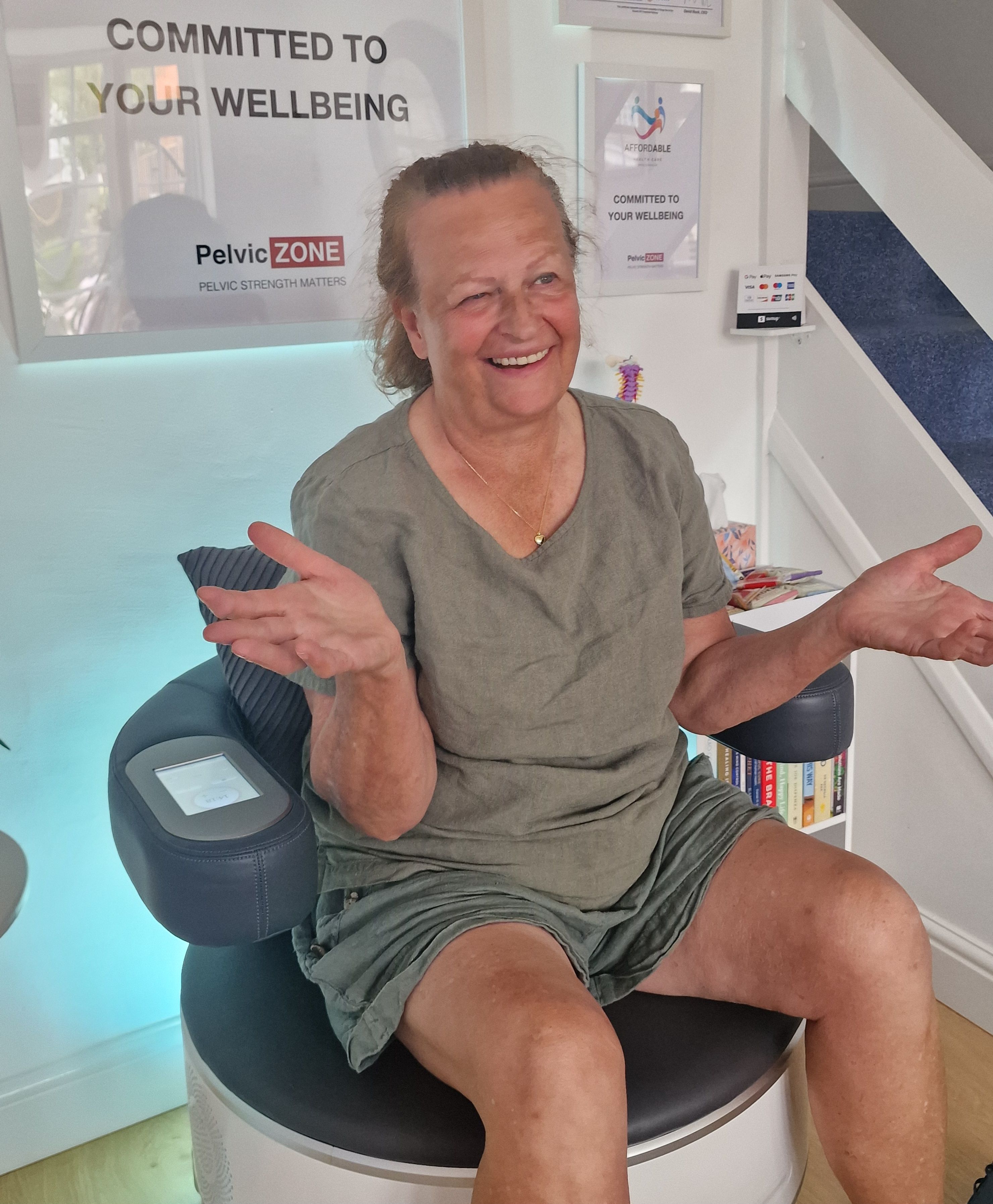 A calm, fully clothed session experience on the pelvic floor training chair