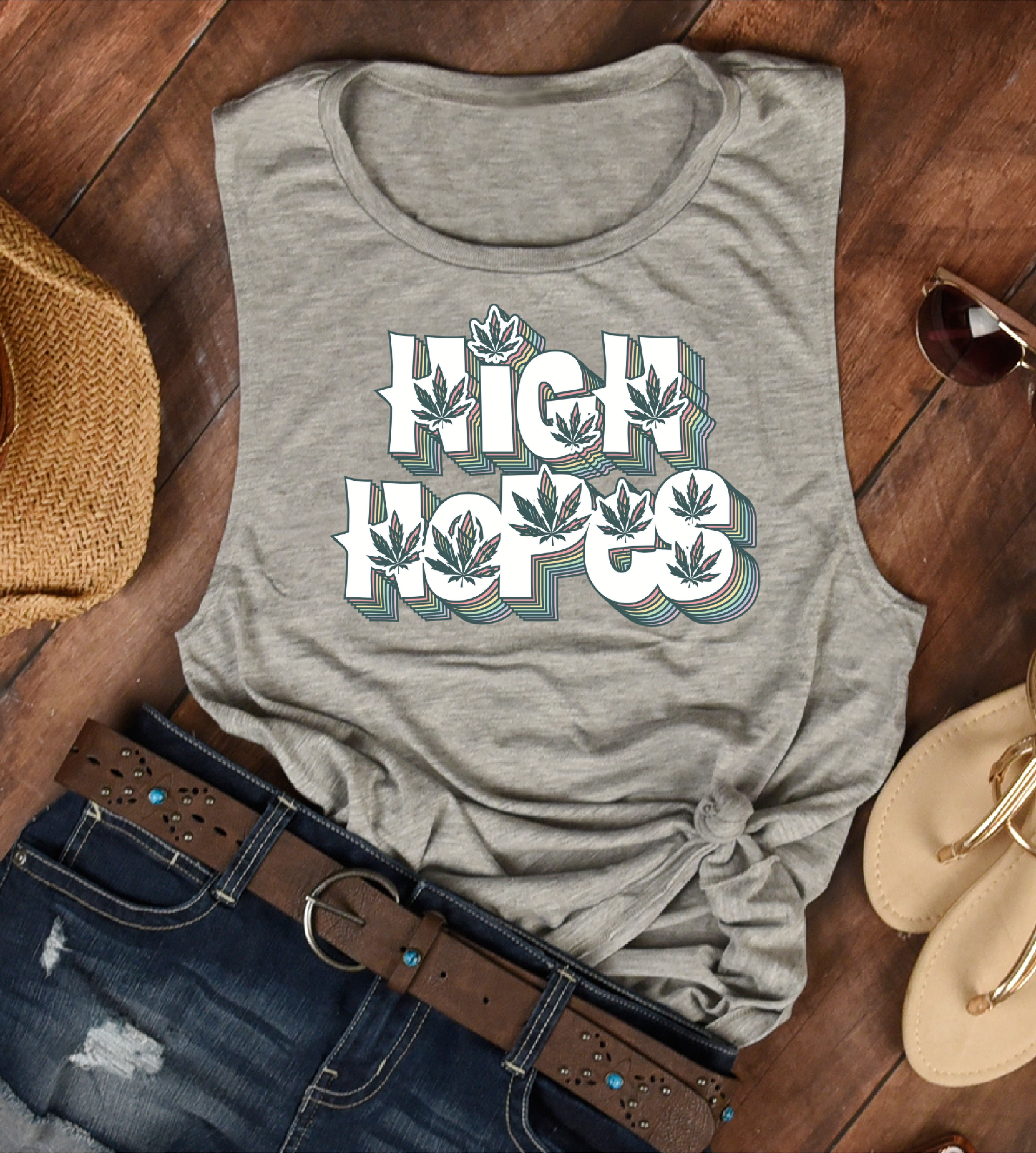 High Hopes muscle tank — summer outfit flatlay
