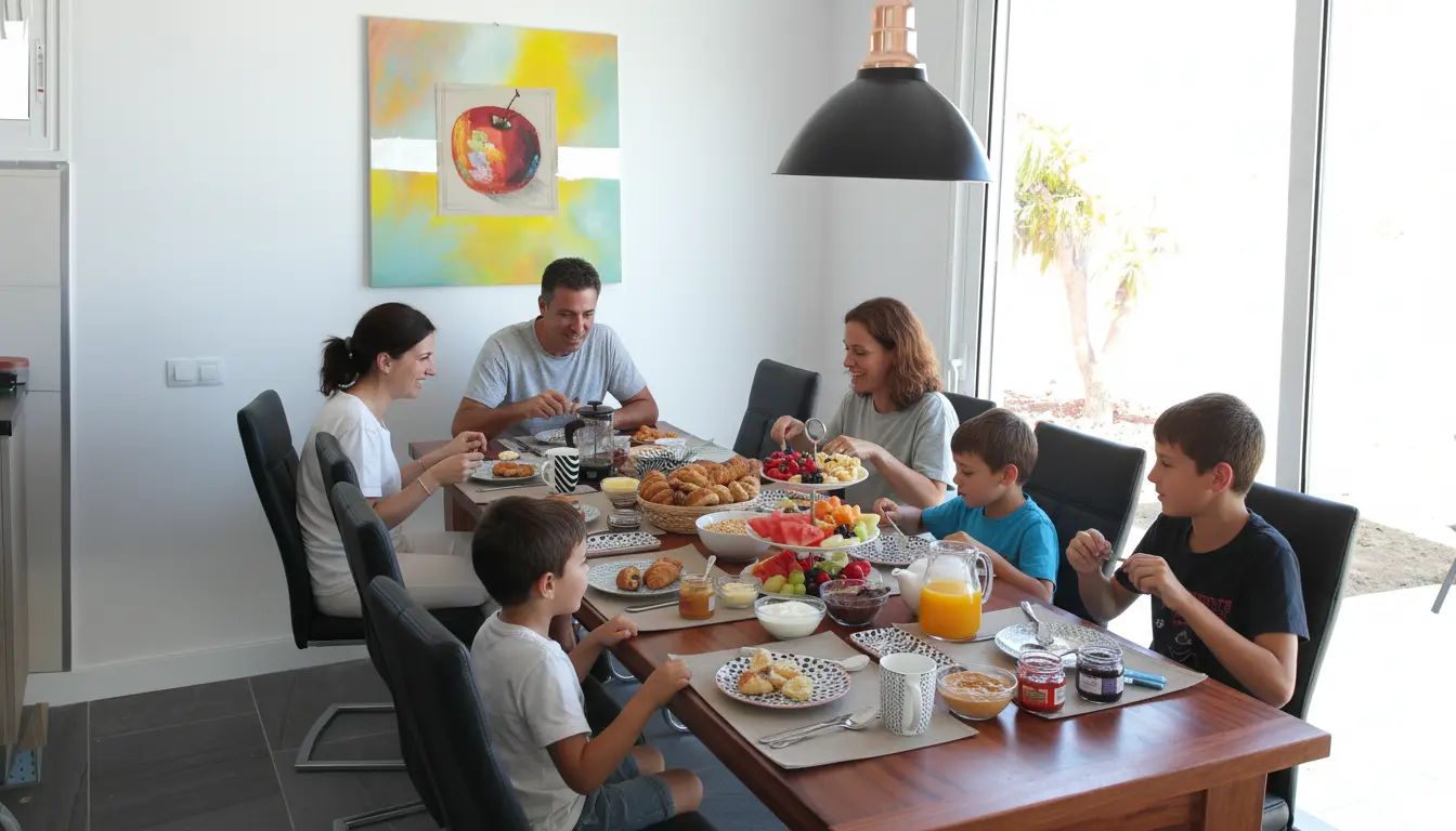 Family enjoying breakfast together at villa