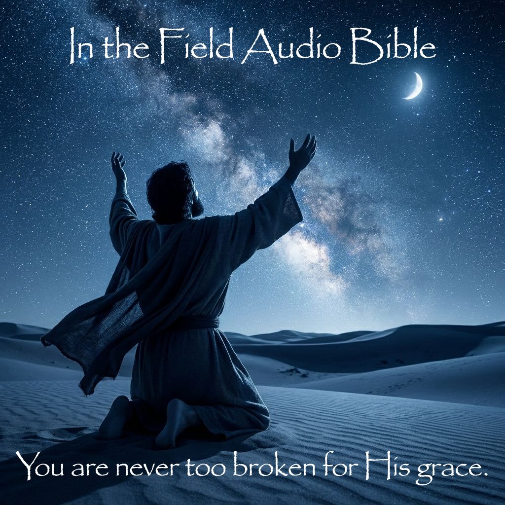 A person kneeling in prayer under the stars — you are never too broken for His grace