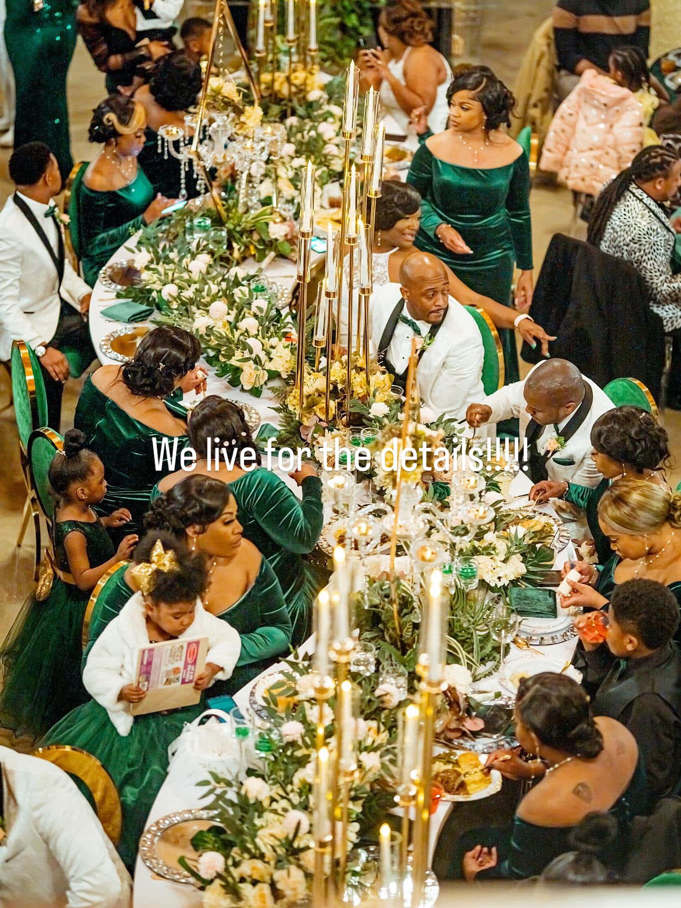 Embellished Event Rentals luxury dinner setup with guests in emerald attire