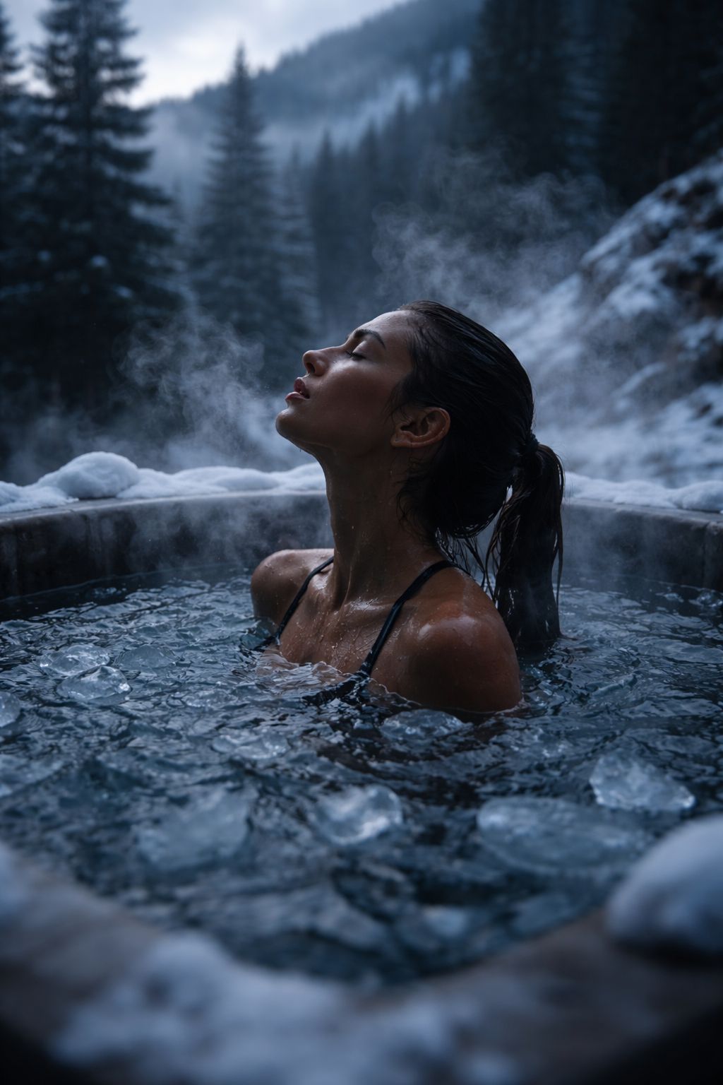Woman in ice bath surrounded by snow and evergreen trees