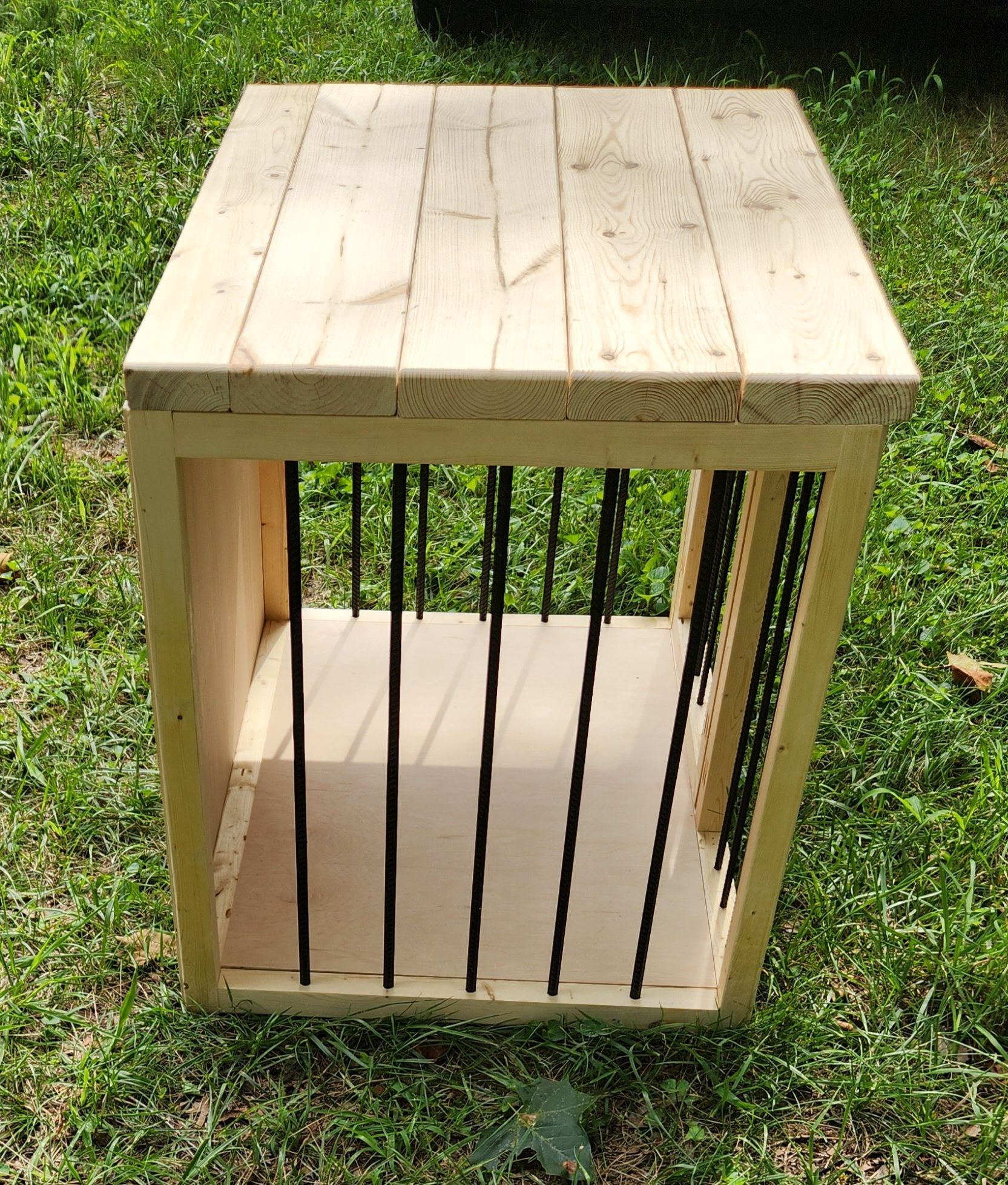 Handmade wooden dog crate end table (angle view)