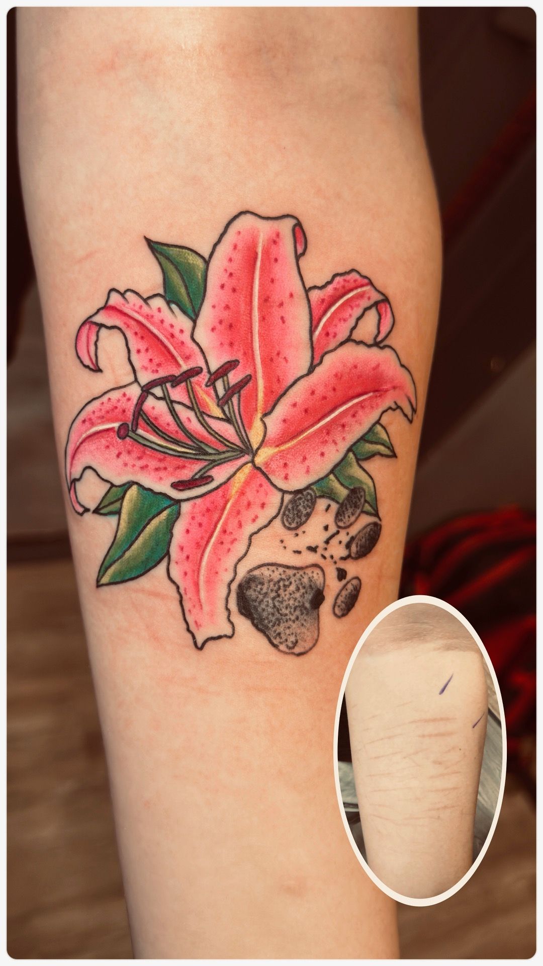 Color tattoo by Justin - pink flower with paw print and before photo inset