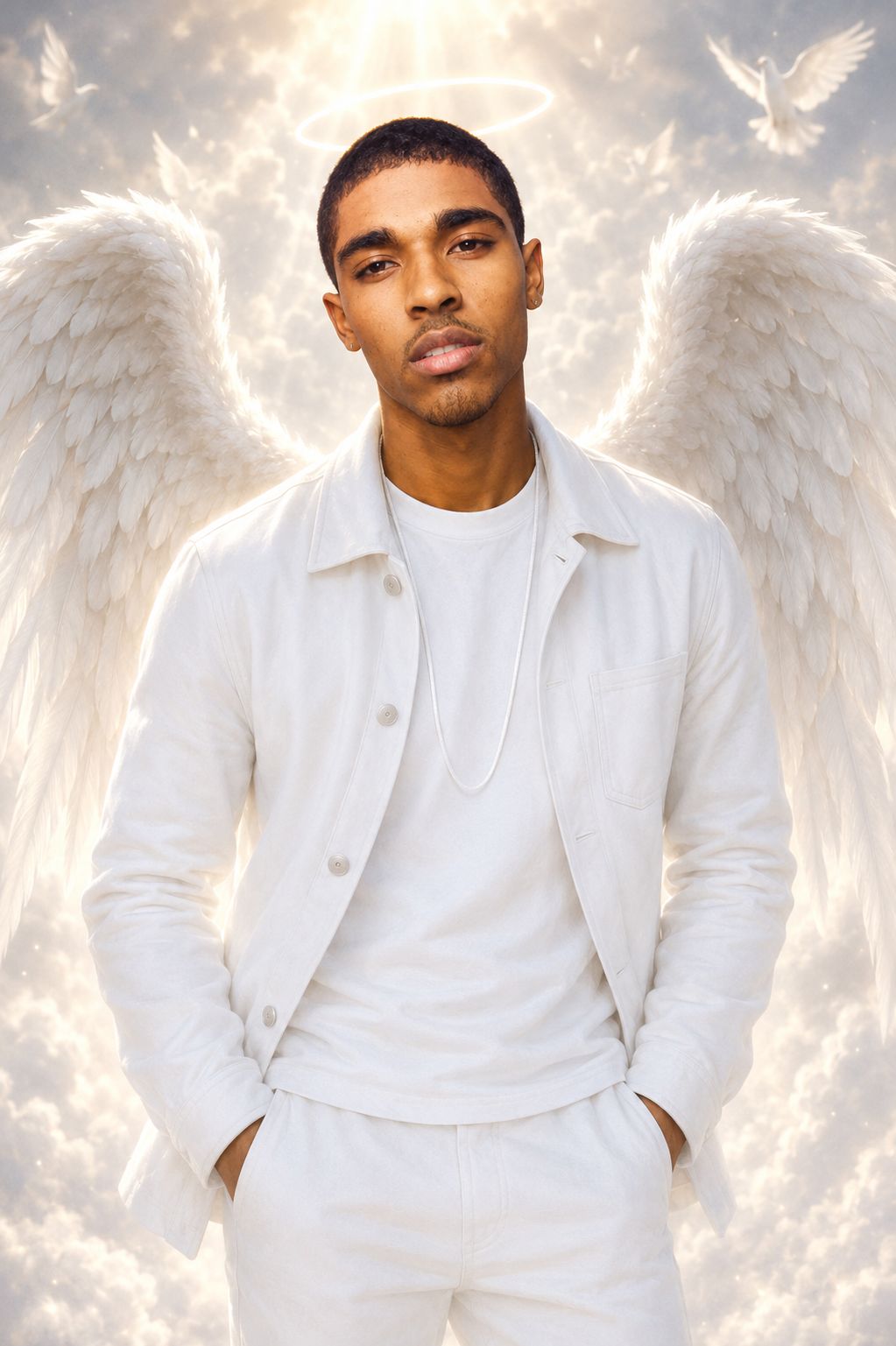 Javon Quezaire Whiteside-Lopez with white angel wings and a halo, wearing all white, standing with doves flying behind him — a heavenly tribute