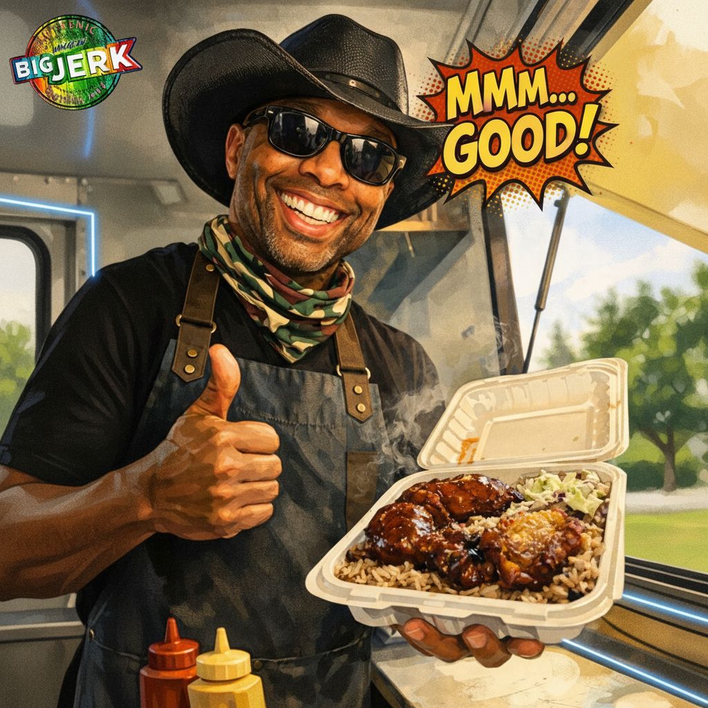 Food vendor serving a customer-facing meal with pride and personality