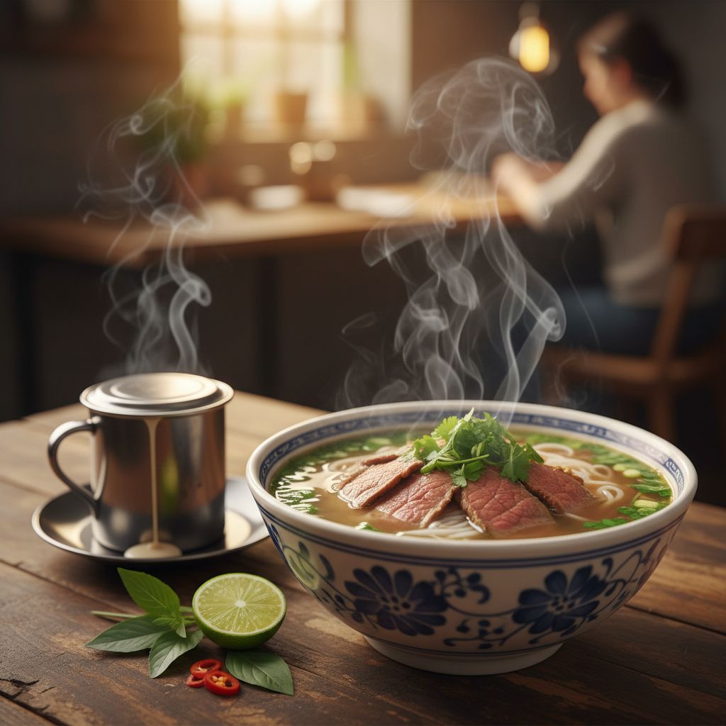 A steaming bowl of pho with coffee