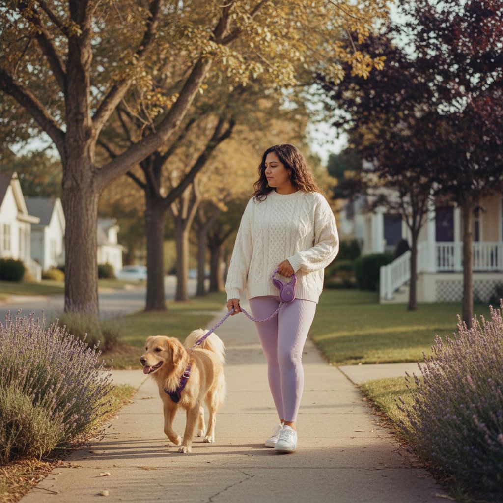 Woman walking a golden retriever on a sidewalk lined with lavender plants.