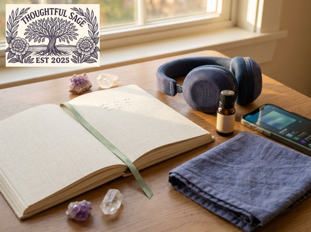 A peaceful journal, crystals, and sacred tools near a window