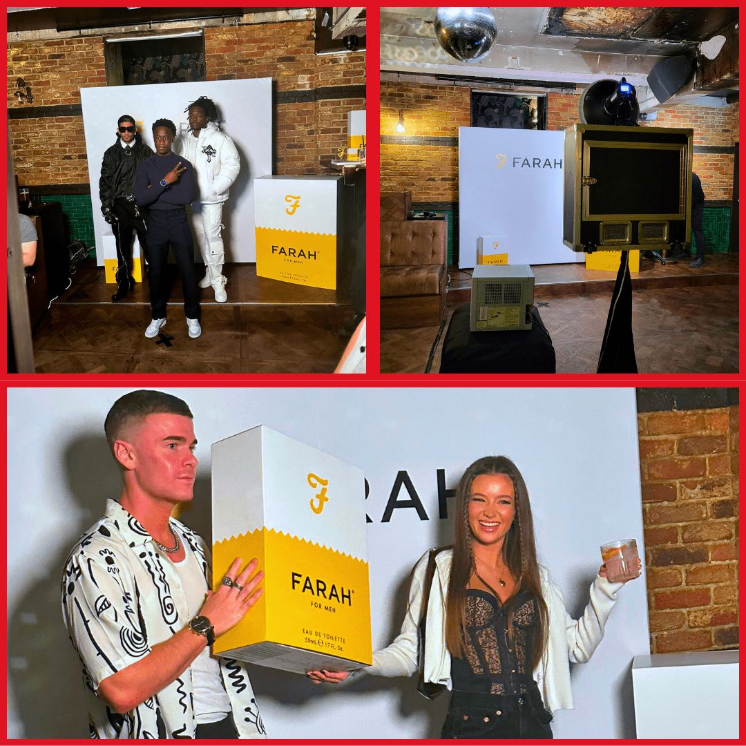 Branded photobooth hire at corporate event with FARAH branding