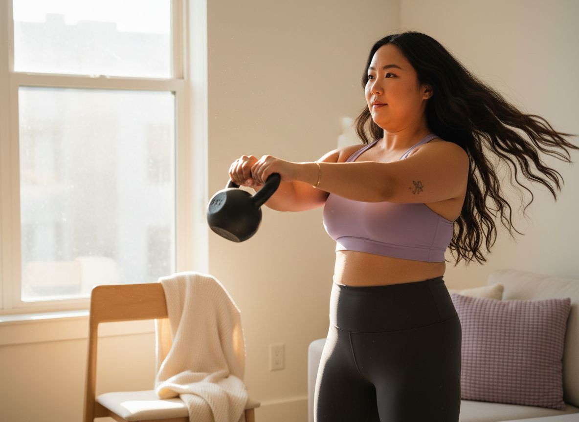Woman doing a kettlebell swing in her living room wearing a purple sports bra.