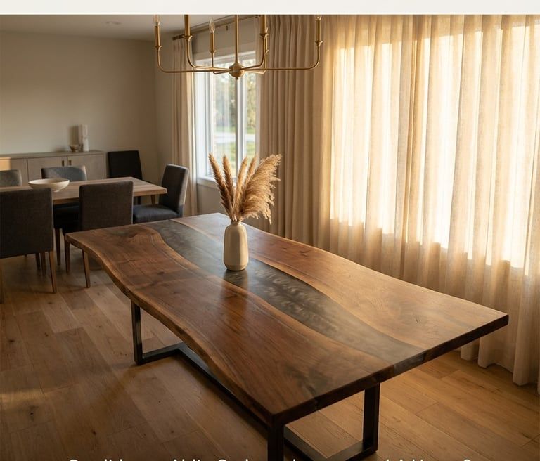 Live edge dining table with blue epoxy river in modern Northshore Louisiana home