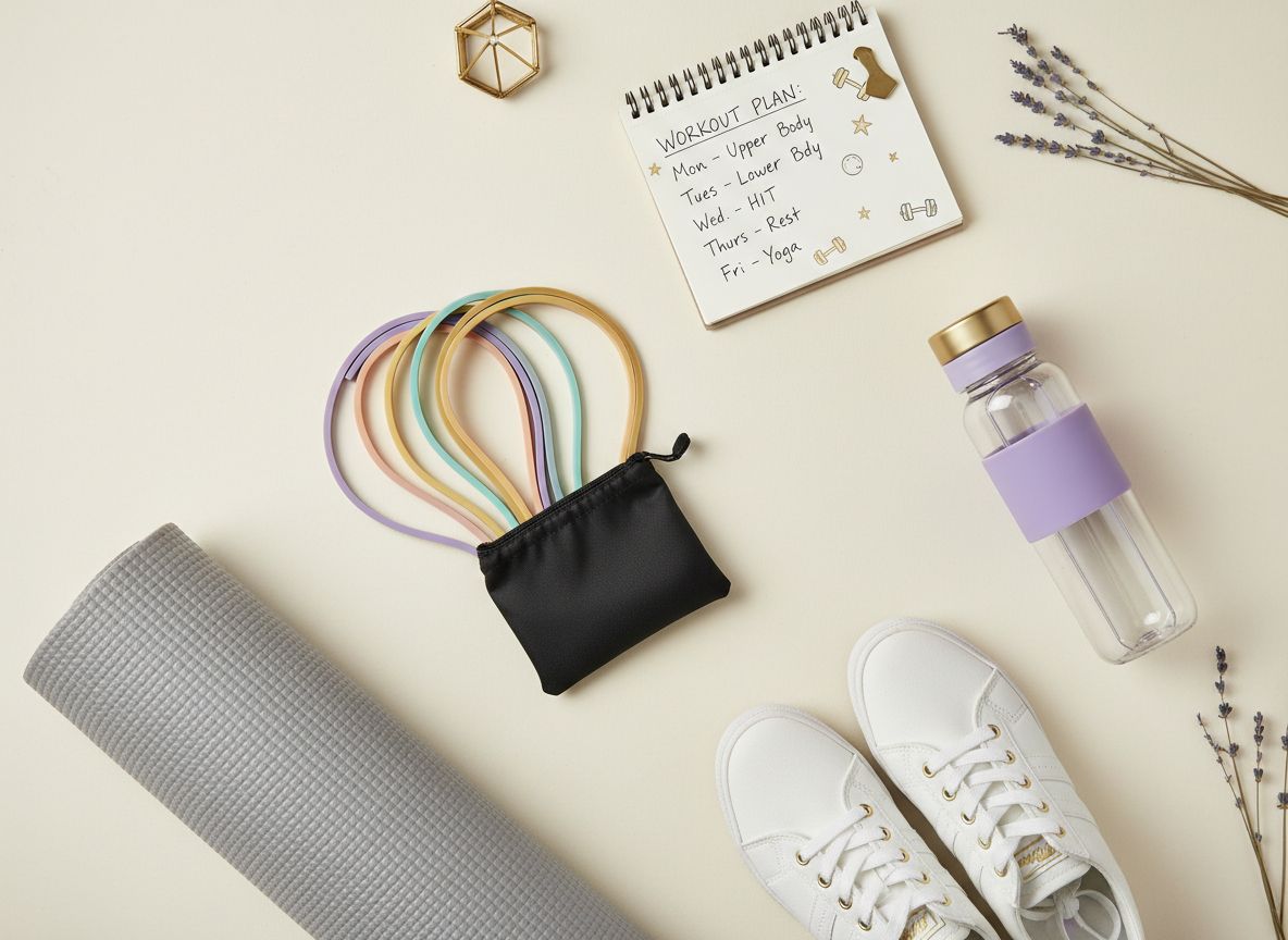 Flat lay of resistance bands, yoga mat, sneakers, water bottle, and workout notebook with lavender accents.