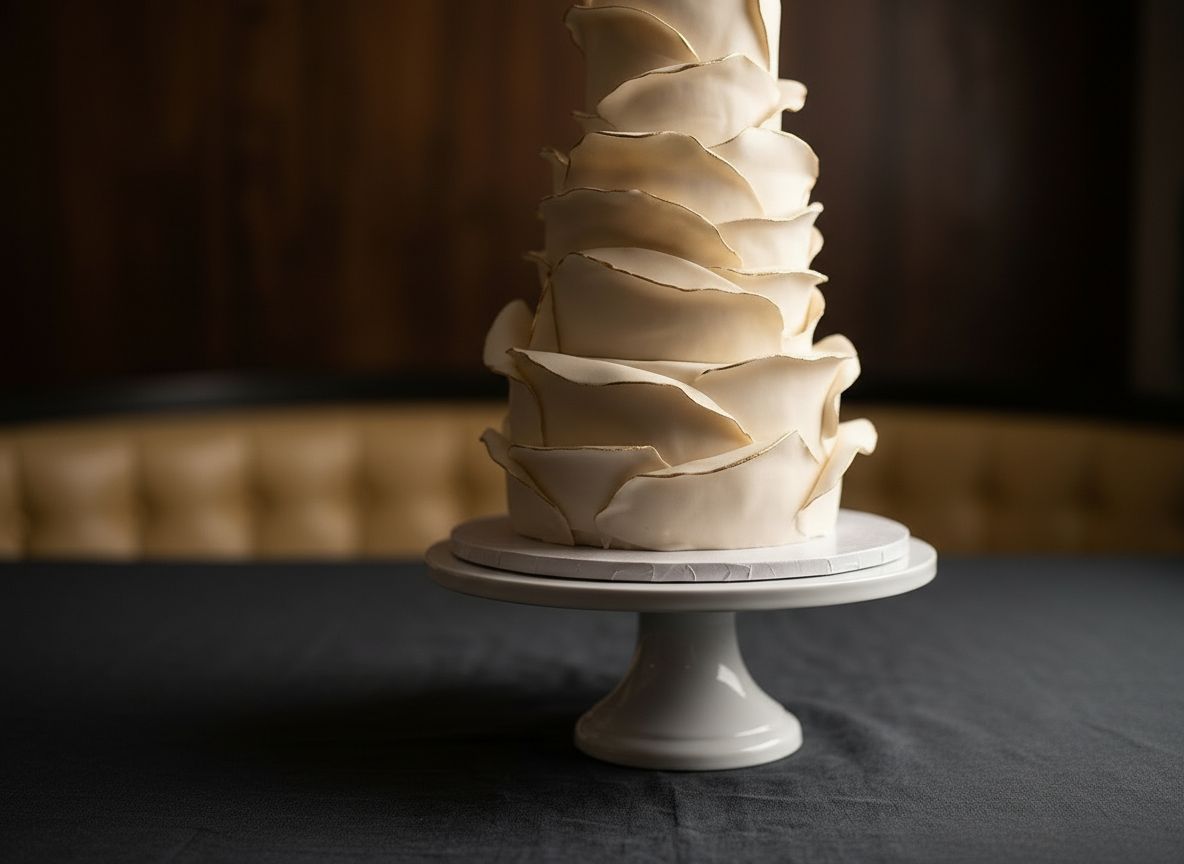Multi-layered white cake with decorative wavy fondant ruffles on a white pedestal stand