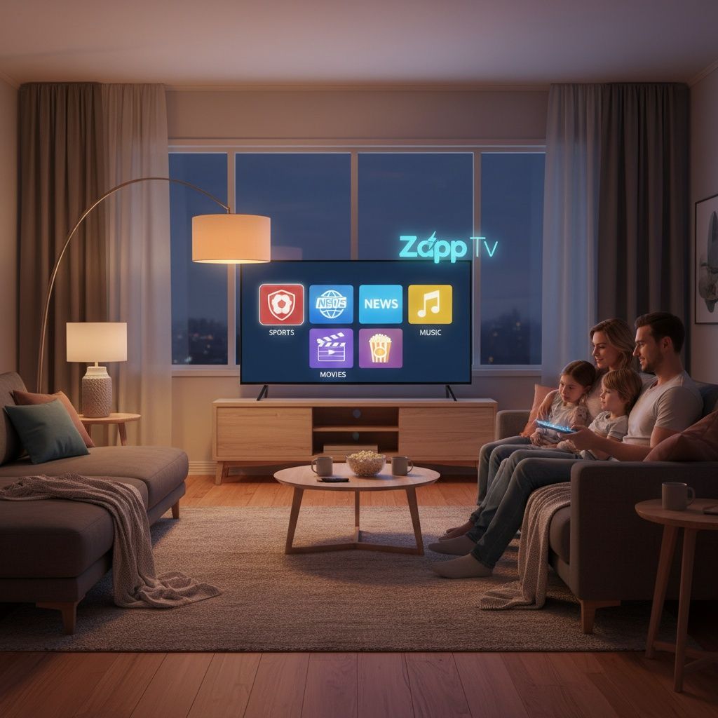 Family watching Zapp TV with live sports, movies and entertainment