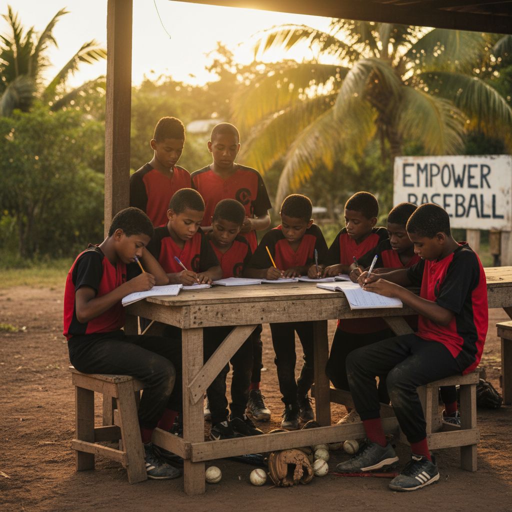 Empower Baseball kids studying outdoors with baseball gear nearby