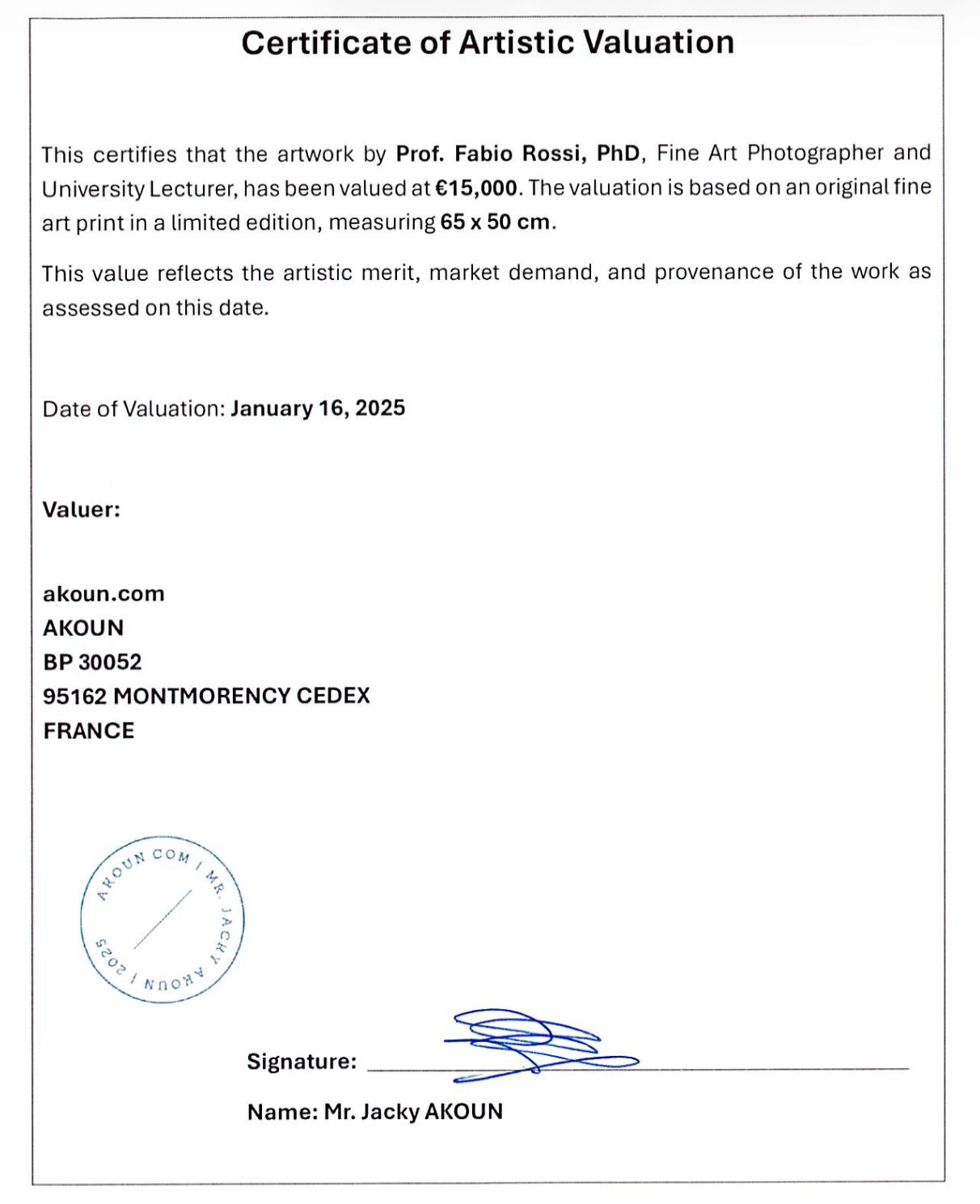AKOUN Certificate of Artistic Valuation — Prof. Fabio Rossi, PhD — €15,000