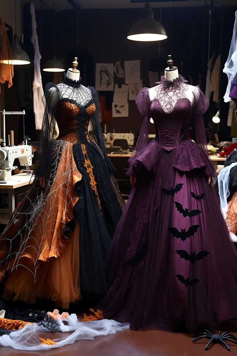 Orange spiderweb gown and deep purple bat-motif gown on mannequins