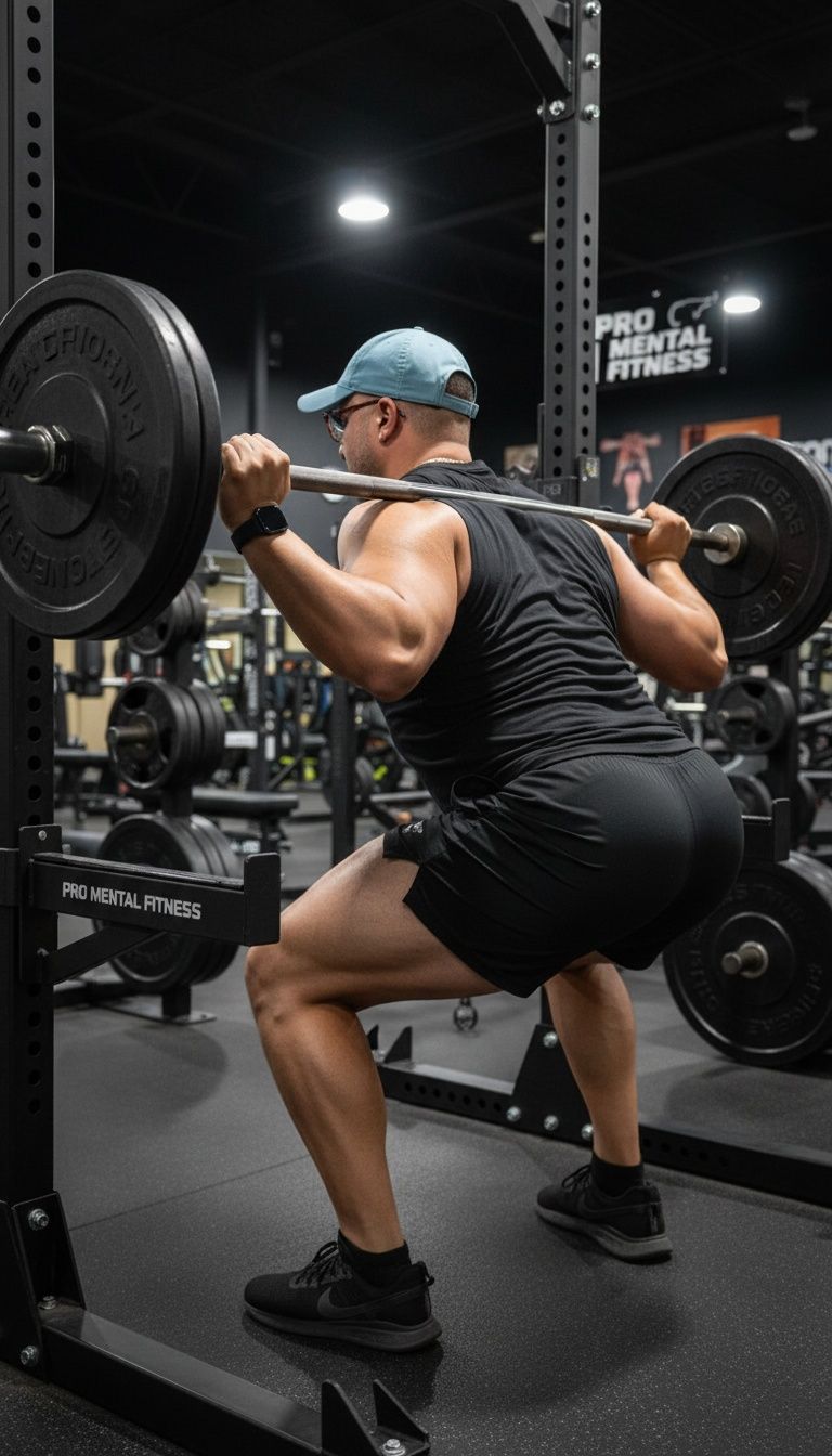 Rey squatting with barbell at Pro Mental Fitness