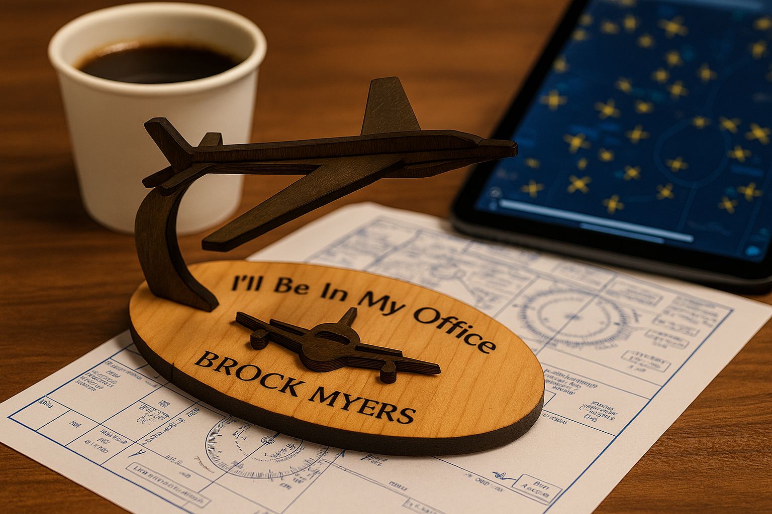Custom pilot desk plaque with airplane model