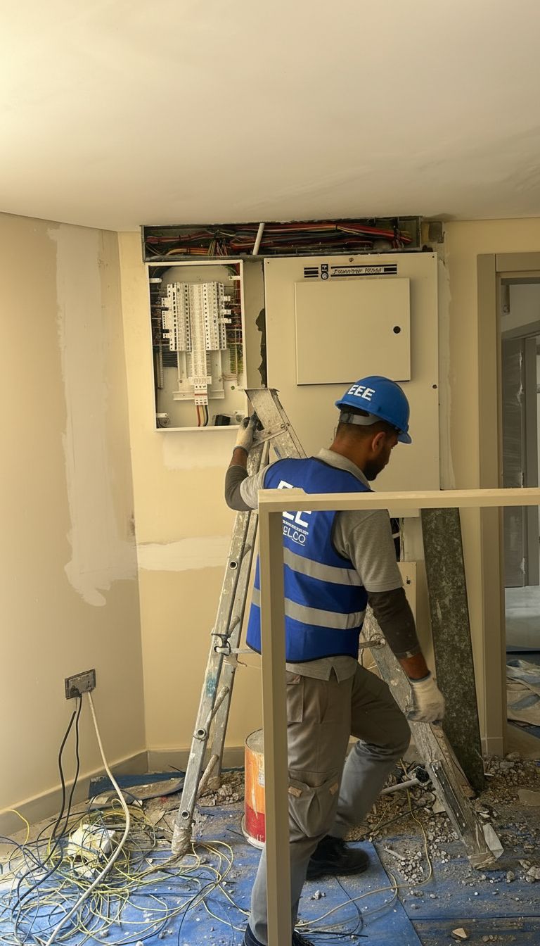 ELCO worker wearing EEE helmet and ELCO vest working on electrical panel