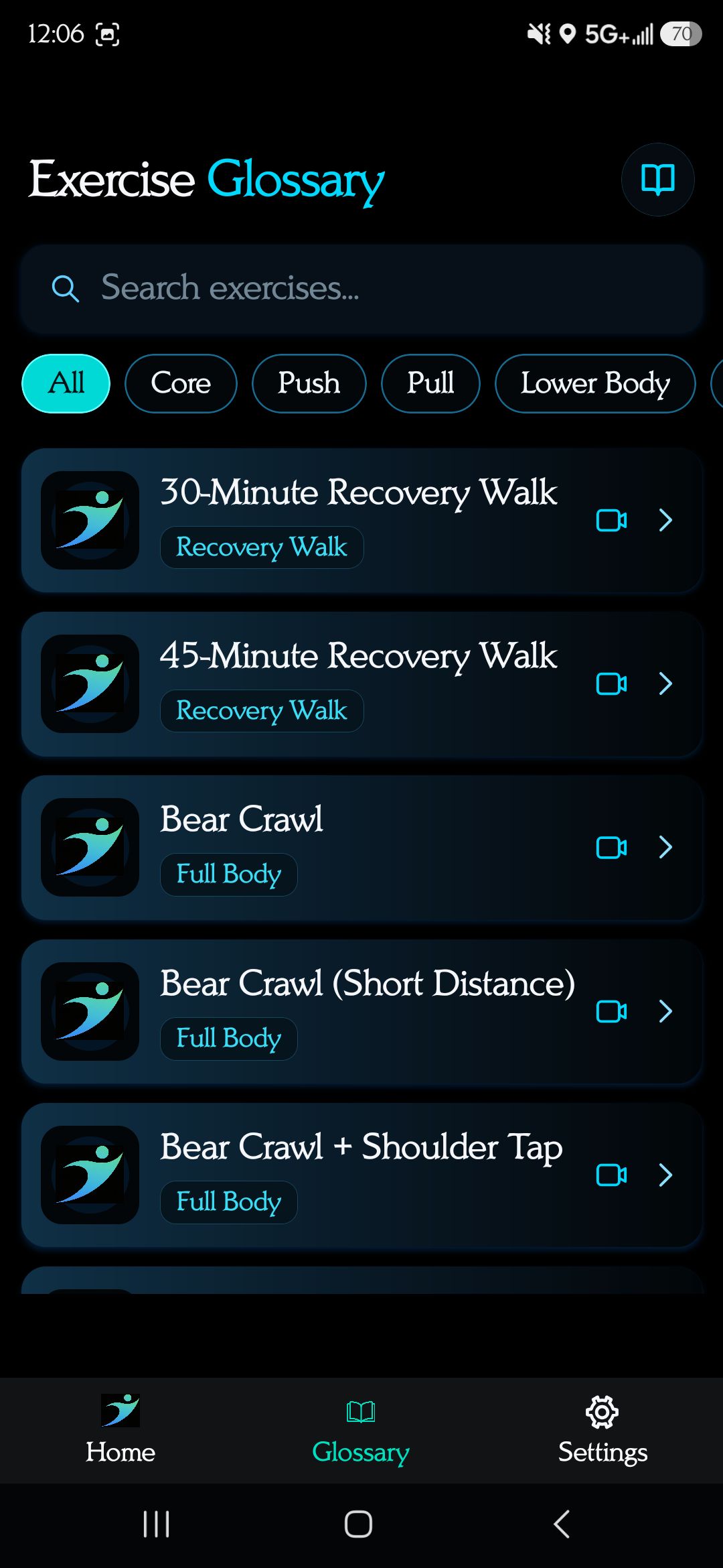 Exercise Glossary with category filters β All, Core, Push, Pull, Lower Body