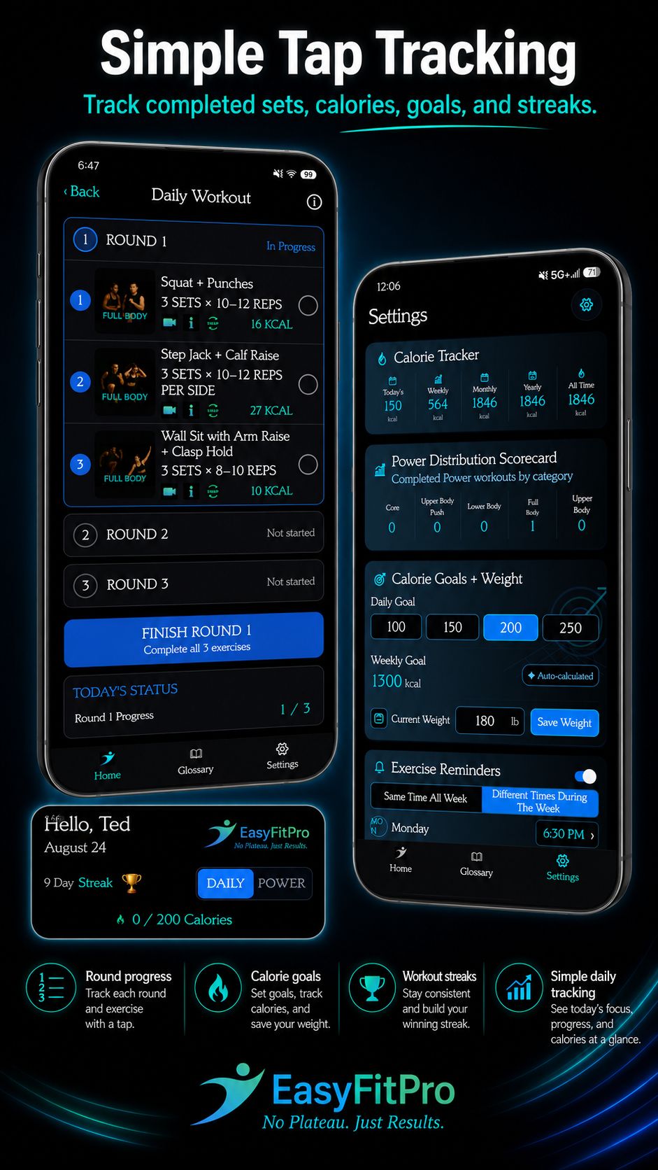 Tap to Track calorie tracking with daily workout rounds