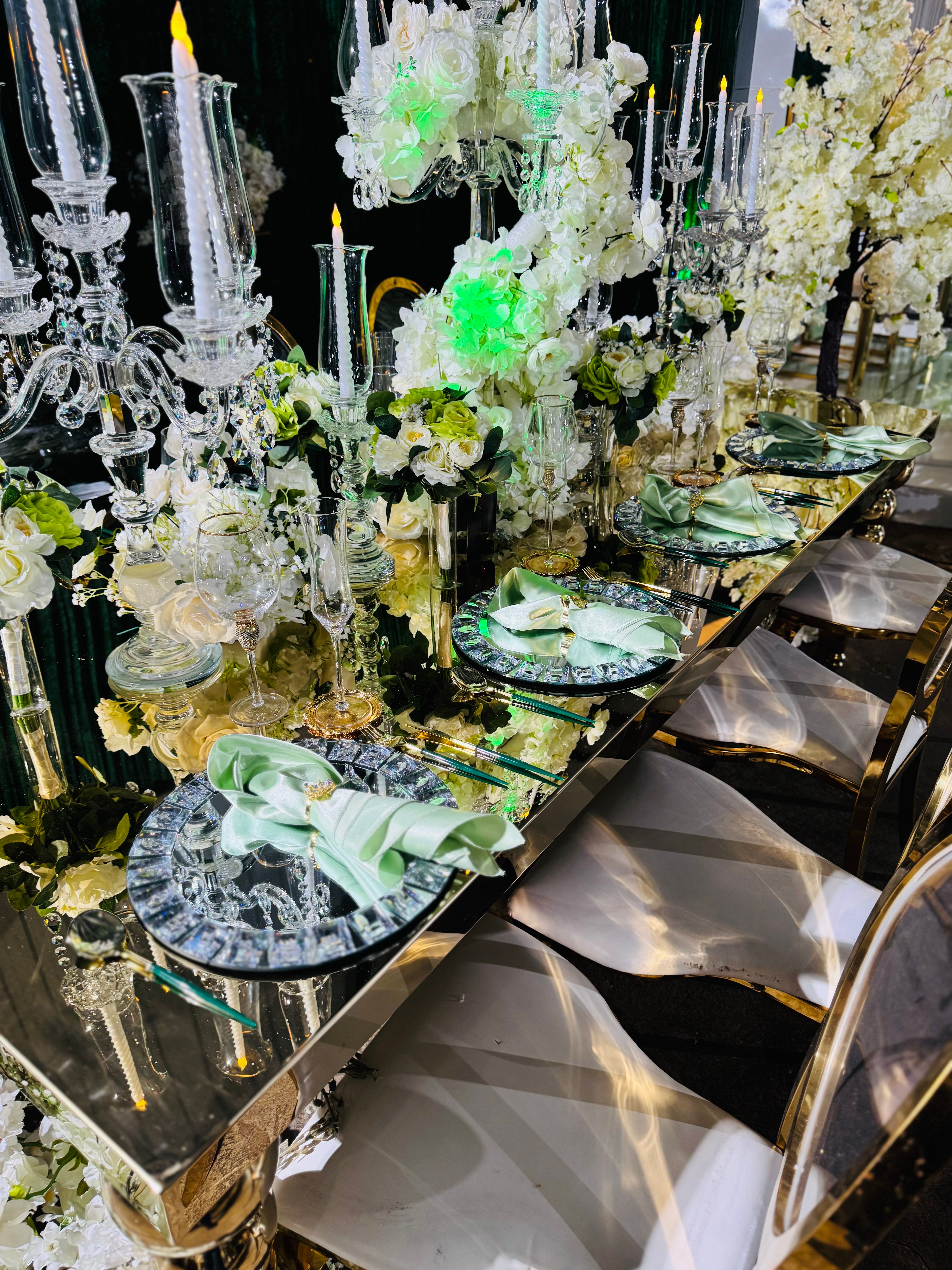 Luxury floral table setup with crystal candelabras