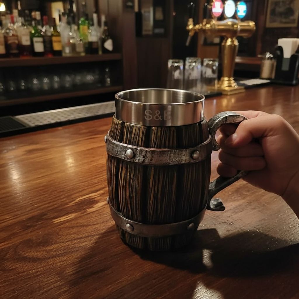 Stews and Brews 20oz Tavern Tankard with S&B engraving on a bar counter