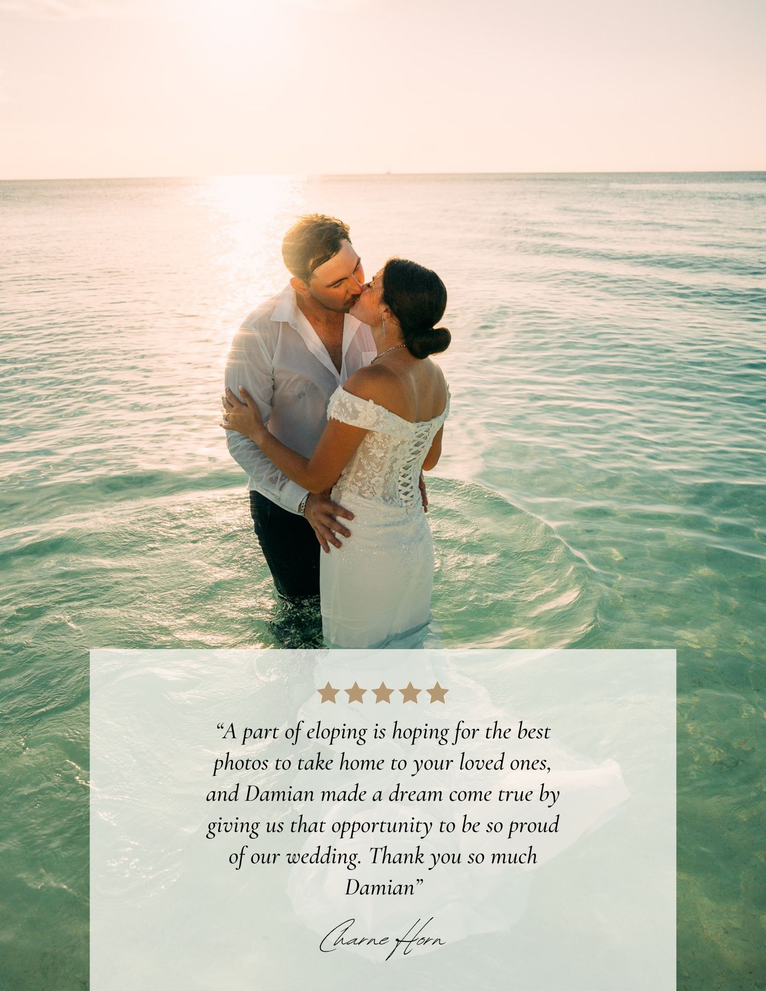 Wedding couple in ocean water with 5-star testimonial from Zanzibar